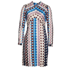 DONNA Morgan Long Sleeve Blue, Brown, and Cream Circle Print Mini Dress - Size 2